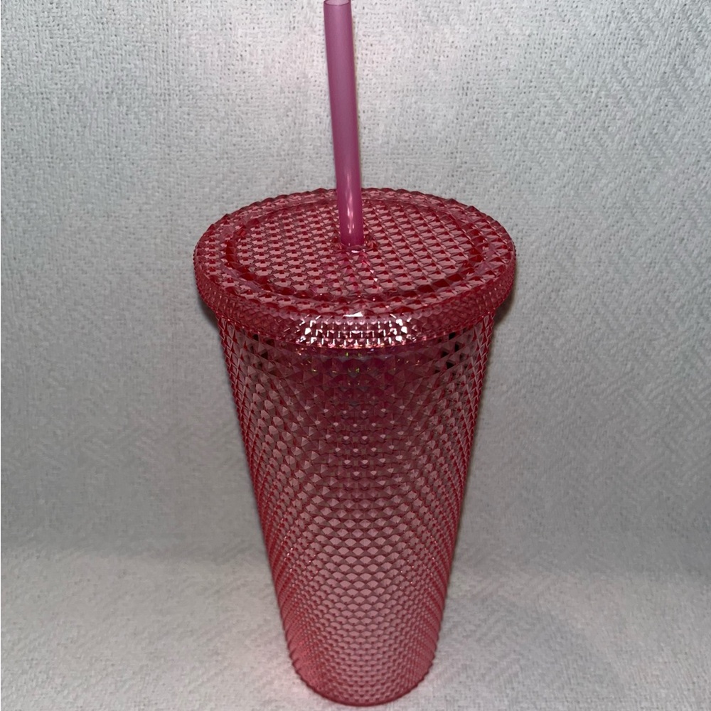 💖💎✨ Pink Acrylic Iridescent Textured Diamond Tumbler Cup with Straw 24-Ounce NEW